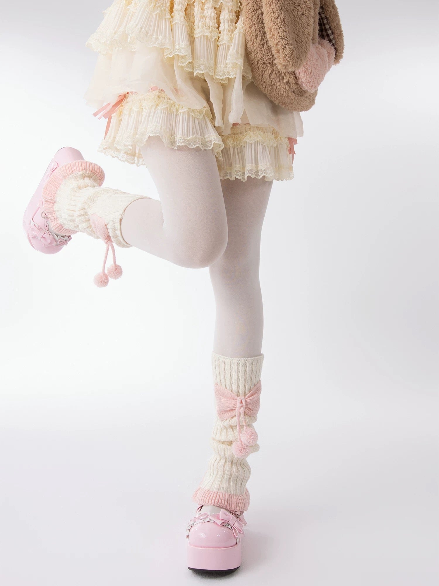 Sweet Lolita Knit Leg Warmers with Bow Pom-Pom Slouch Socks for Girls JK Outfits